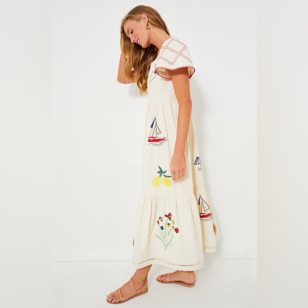 Hunter Bell Marley Cream‎ Fruit Sailboat Embroidered teacher Midi Dress 8 - Picture 3 of 7